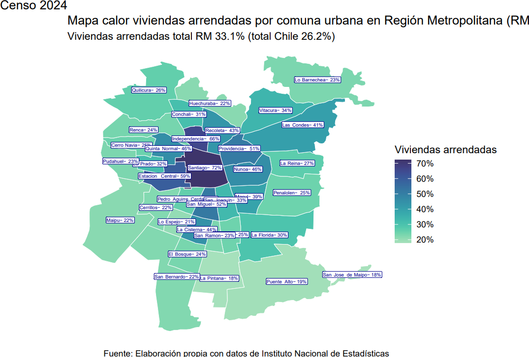 Mapa calor porcentaje viviendas arrendadas censo 2024 - RM